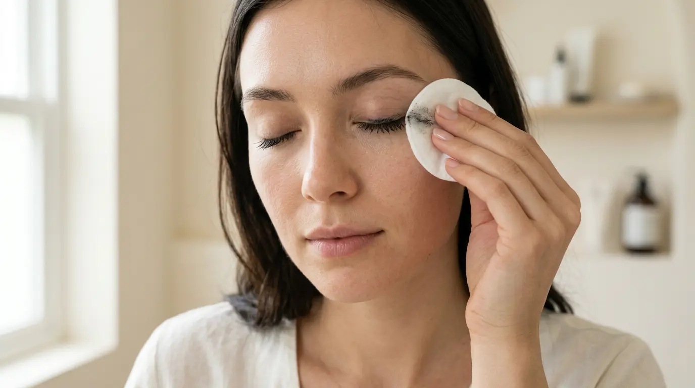 Applying an oil-soaked pad to closed eyelid to dissolve waterproof mascara