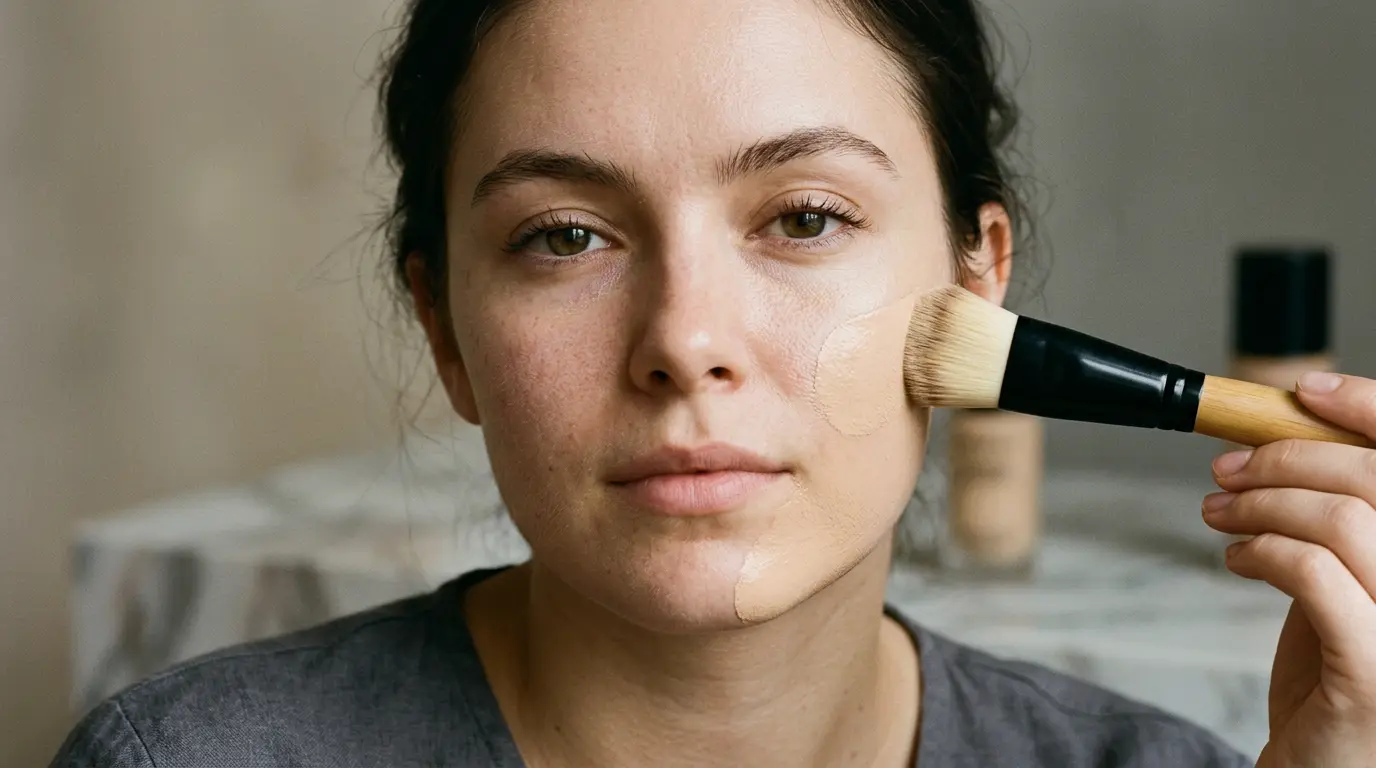 Woman applying product to her jawline and cheek in a mirror, demonstrating patch testing for acne-prone skin