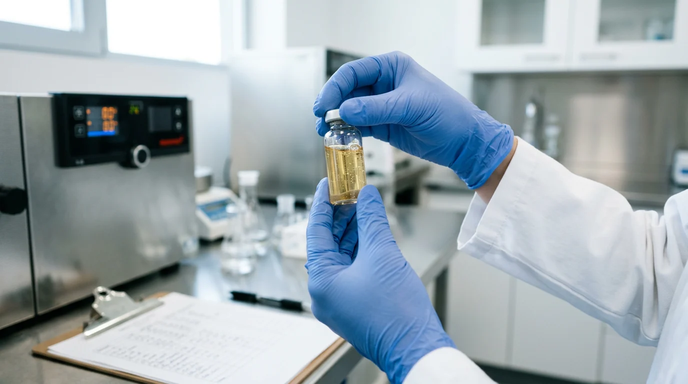 Quality control technician inspecting a serum vial at a laboratory stability testing station
