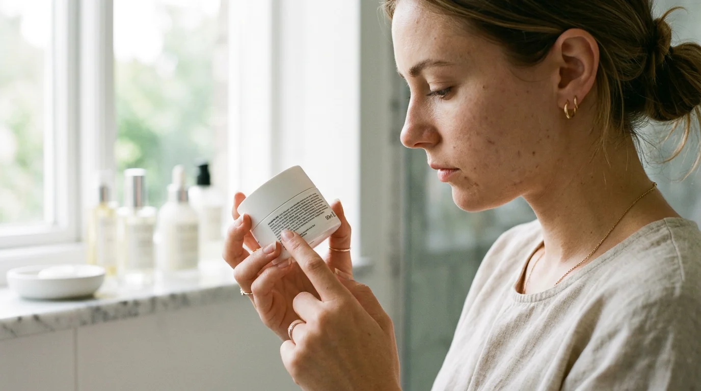 A woman is reading the label on a jar of cream, looking for ceramides, cholesterol, and fatty acids in the ingredients list