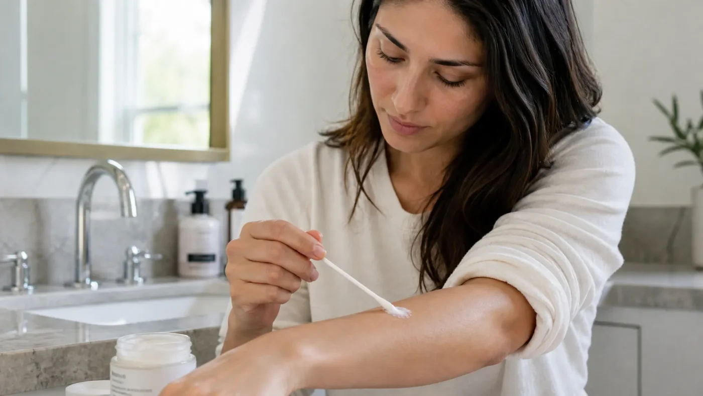Woman applying a suspected cosmetic product to her forearm for a repeated open application patch test