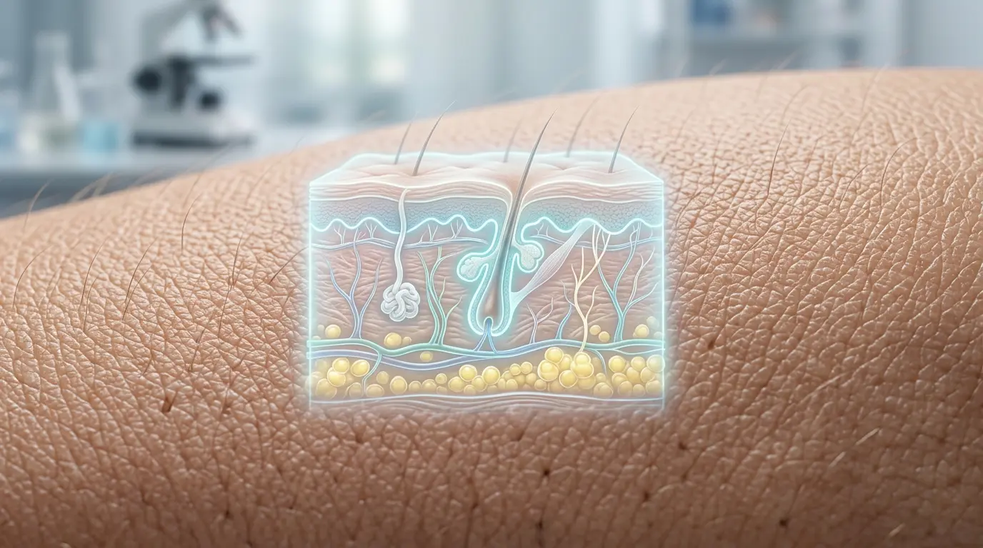 Macro view of human skin texture with scientific cross-section overlay illustrating skin barrier layers