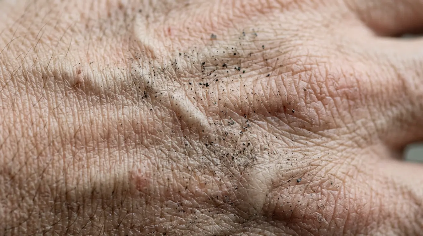 Macro view of skin surface with pollution particles and soot lodged in pores