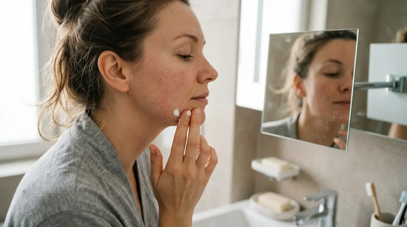 Hand holding a smartphone with a skincare ingredient-checker app beside a foundation bottle and a cosmetic label, showing how consumers check pore clogging cosmetics