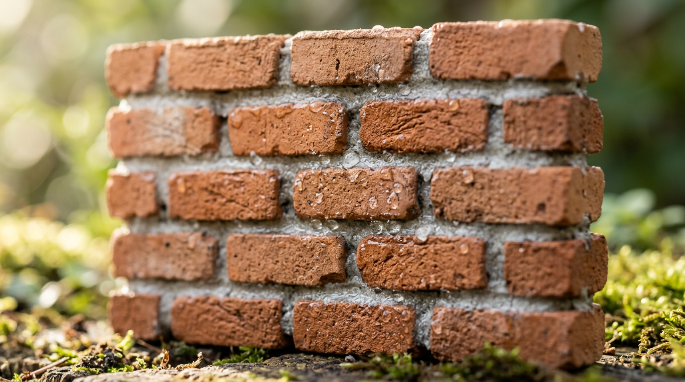 A brick wall with mortar and water droplets, symbolizing the structure of the skin's lipid barrier