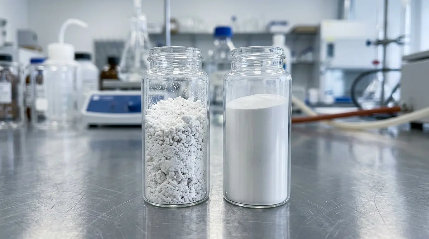 Comparison of coarse titanium dioxide powder and ultra-fine nano-milled mineral pigment in lab vials