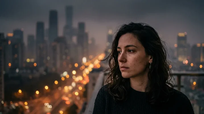 Woman's face in hazy polluted city at dusk illustrating air quality and skin aging