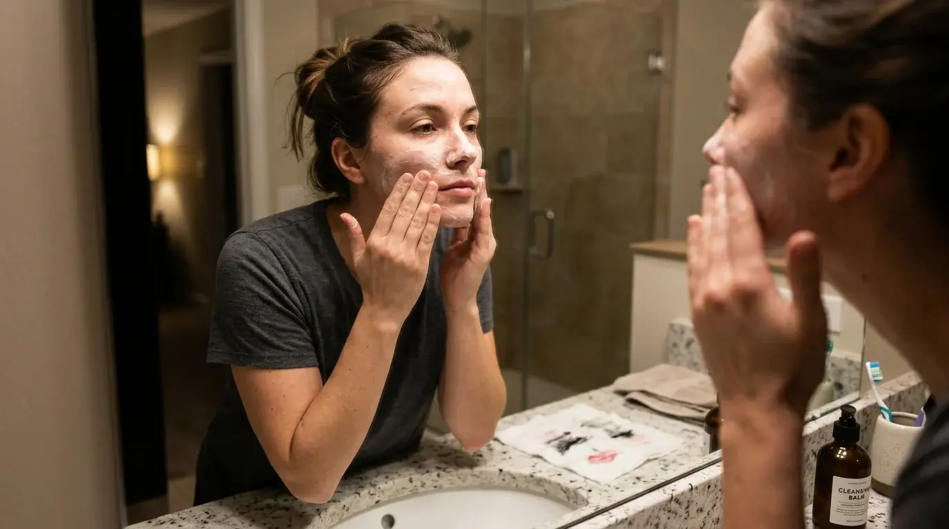 Woman removing waterproof makeup with a cleansing balm at night