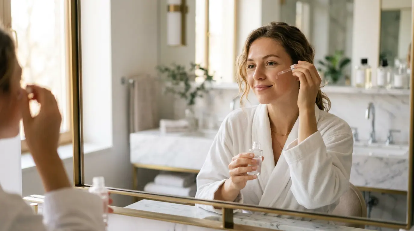 Woman applying face serum during her morning skincare routine, illustrating sensory experience and consistency