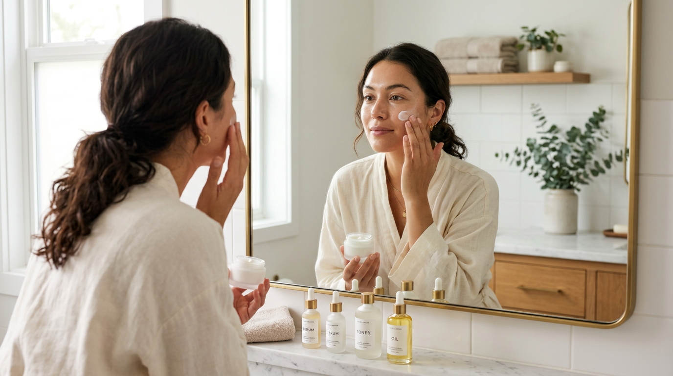A woman applies moisturizer to her face in the bathroom in the morning light, with minimalist skincare products on the table