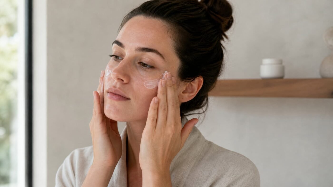 Woman gently applying soothing moisturizer during skin barrier recovery routine