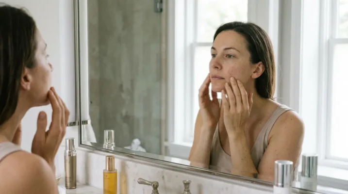 A candid photograph of a woman in her mid-30s looking closely at her skin texture in a bathroom mirror, touching her cheek gently