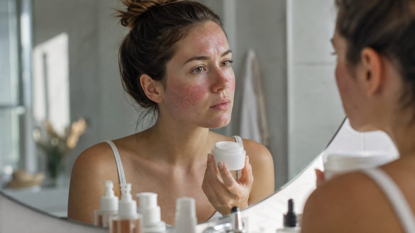 Woman with red, irritated skin barrier looking in mirror during morning skincare routine