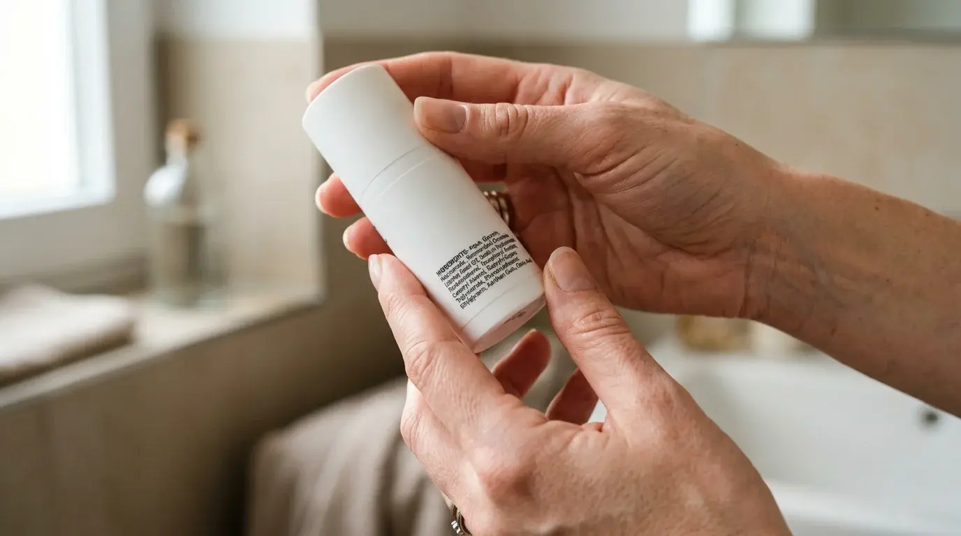 Woman reading the ingredient label on a skincare bottle