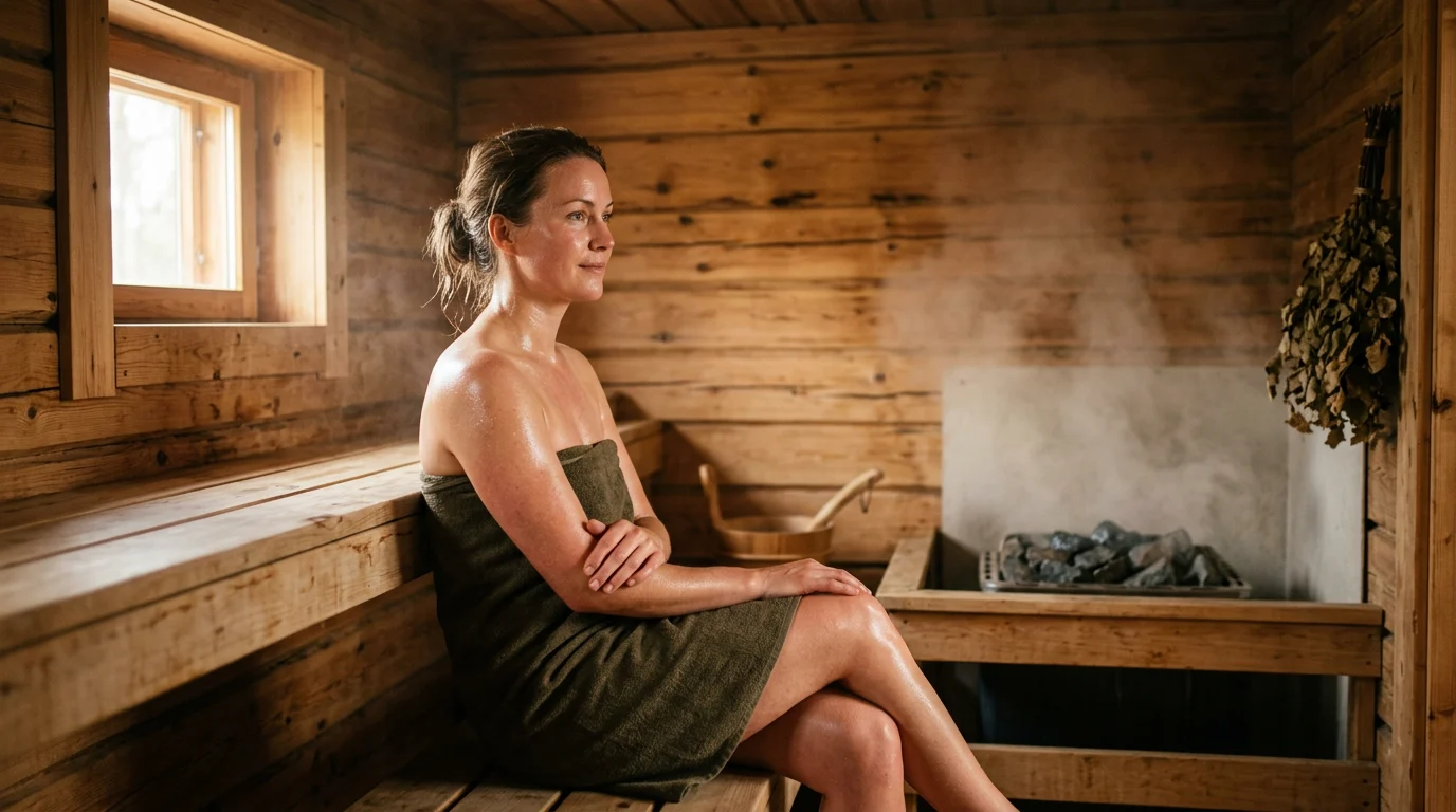 Woman relaxing in a traditional wooden Finnish sauna with glowing, sweat-glistened skin