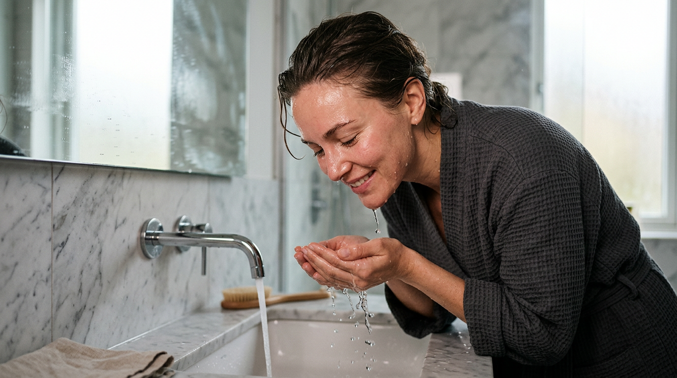 Woman washing her face with lukewarm water after a sauna session